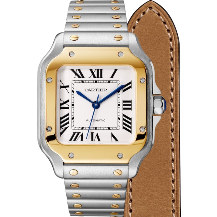 Cartier Santos De Cartier Watch Medium Model, Automatic Movement, Yellow Gold, Steel, Interchangeable Metal And Leather Bracelets