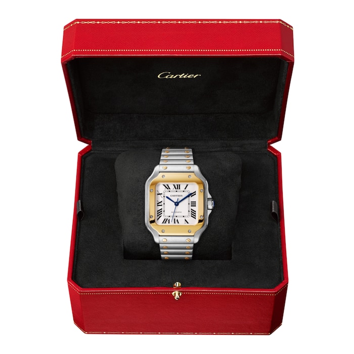 Cartier Santos De Cartier Watch Medium Model, Automatic Movement, Yellow Gold, Steel, Interchangeable Metal And Leather Bracelets