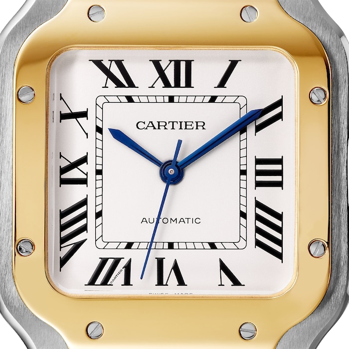 Cartier Santos De Cartier Watch Medium Model, Automatic Movement, Yellow Gold, Steel, Interchangeable Metal And Leather Bracelets