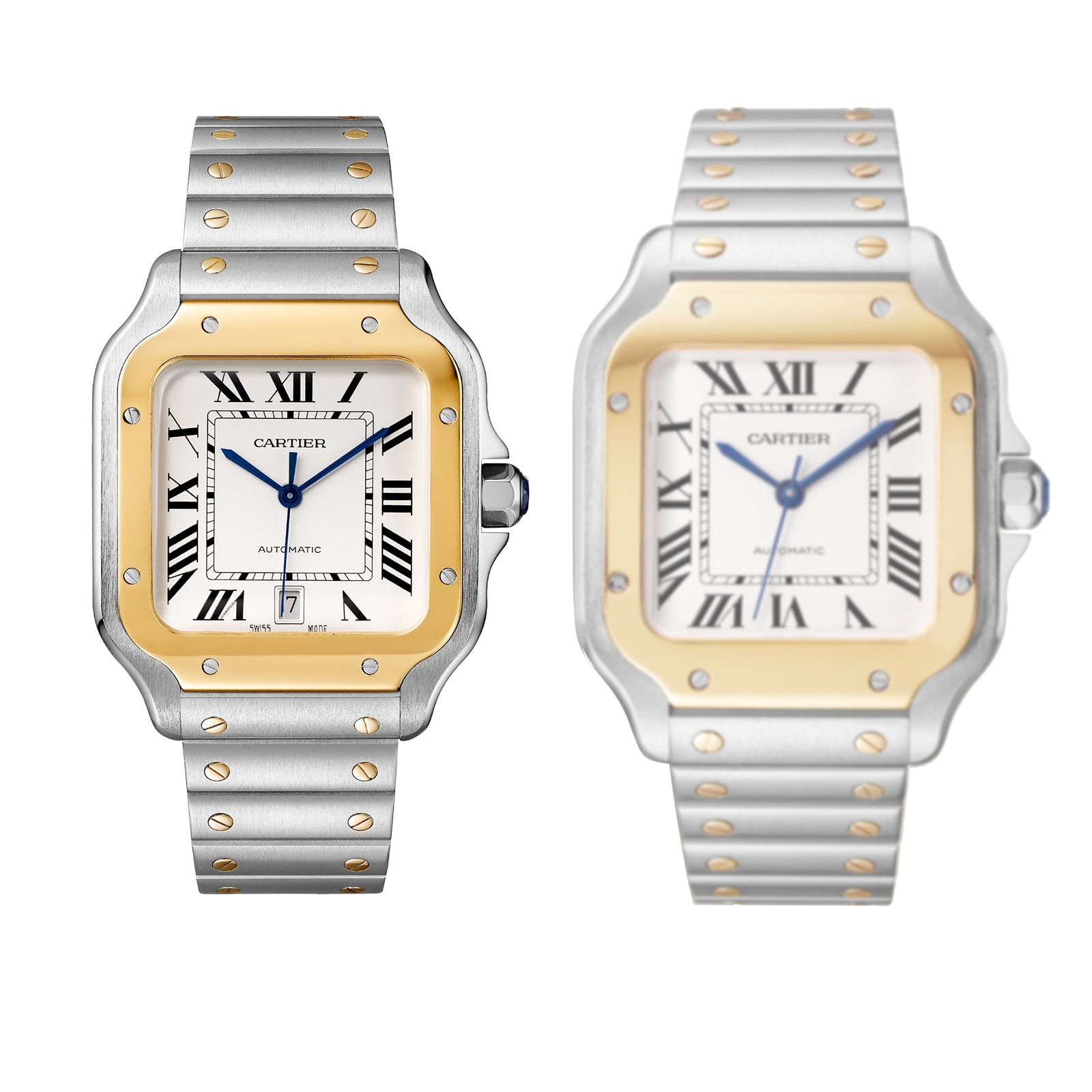 Cartier Santos De Cartier Watch Medium Model, Automatic Movement, Yellow Gold, Steel, Interchangeable Metal And Leather Bracelets