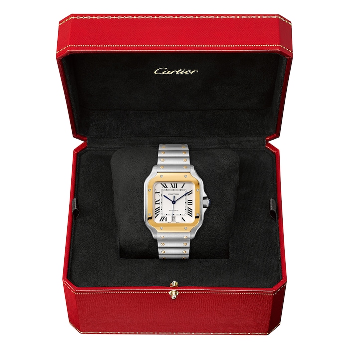 Cartier Santos De Cartier Watch Large Model, Automatic Movement, Yellow Gold, Steel, Interchangeable Metal And Leather Bracelets