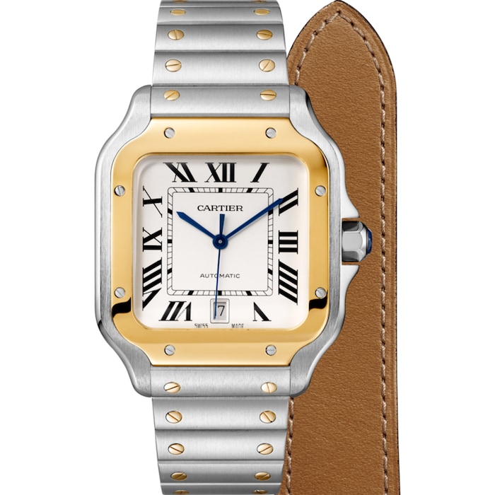 Cartier Santos De Cartier Watch Large Model, Automatic Movement, Yellow Gold, Steel, Interchangeable Metal And Leather Bracelets