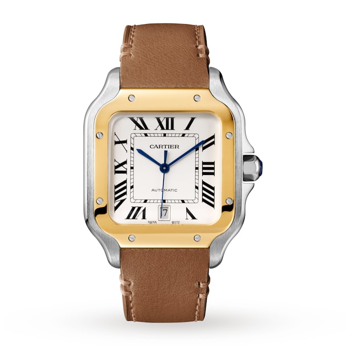 Cartier Santos De Cartier Watch Large Model, Automatic Movement, Yellow Gold, Steel, Interchangeable Metal And Leather Bracelets