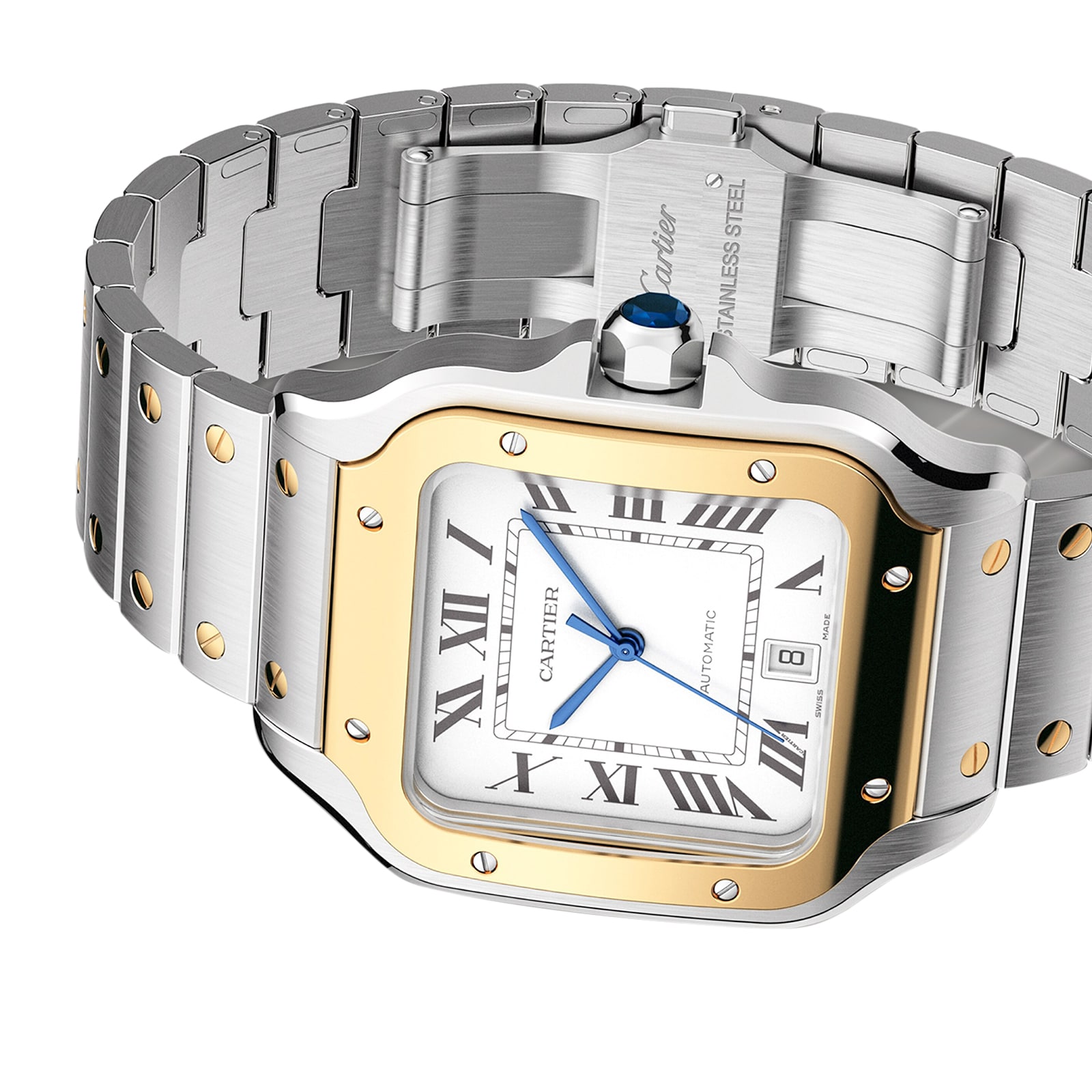 Cartier Santos De Cartier Watch Large Model, Automatic Movement, Yellow Gold, Steel, Interchangeable Metal And Leather Bracelets