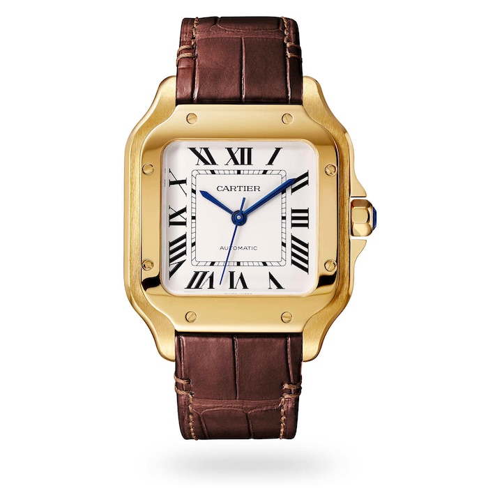 Cartier Santos De Cartier Watch Medium Model, Automatic Movement, Yellow Gold, Interchangeable Metal And Leather Bracelets