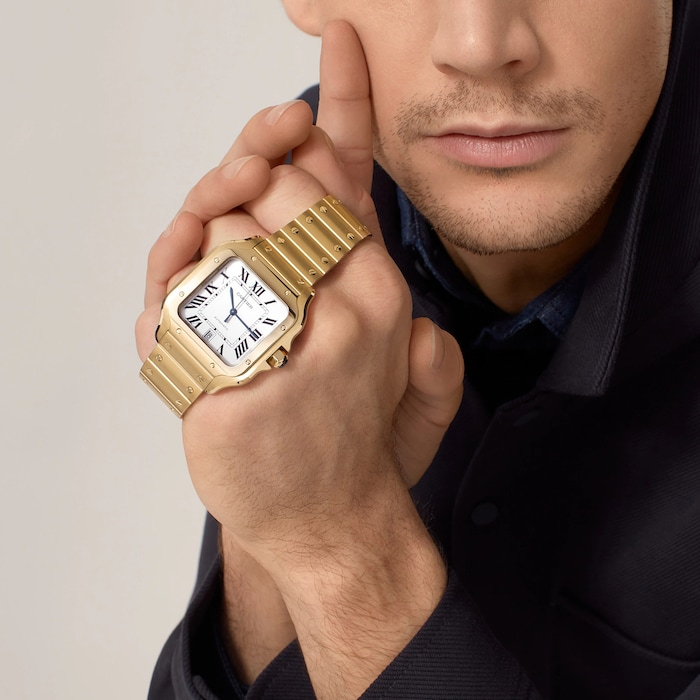 Cartier Santos De Cartier Watch Large Model, Automatic Movement, Yellow Gold, Interchangeable Metal And Leather Bracelets