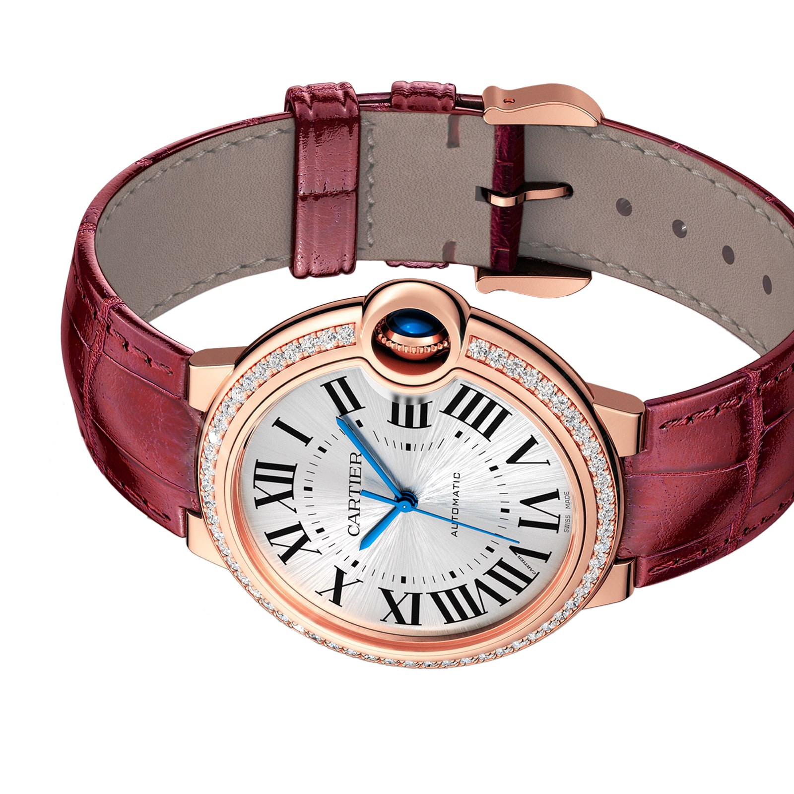 Cartier Ballon Bleu De Watch, 36mm, Rose Gold, Diamonds, Leather