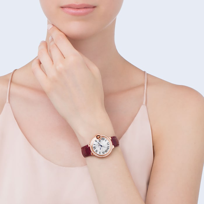 Cartier Ballon Bleu de watch, 33 mm, pink gold, diamonds, leather