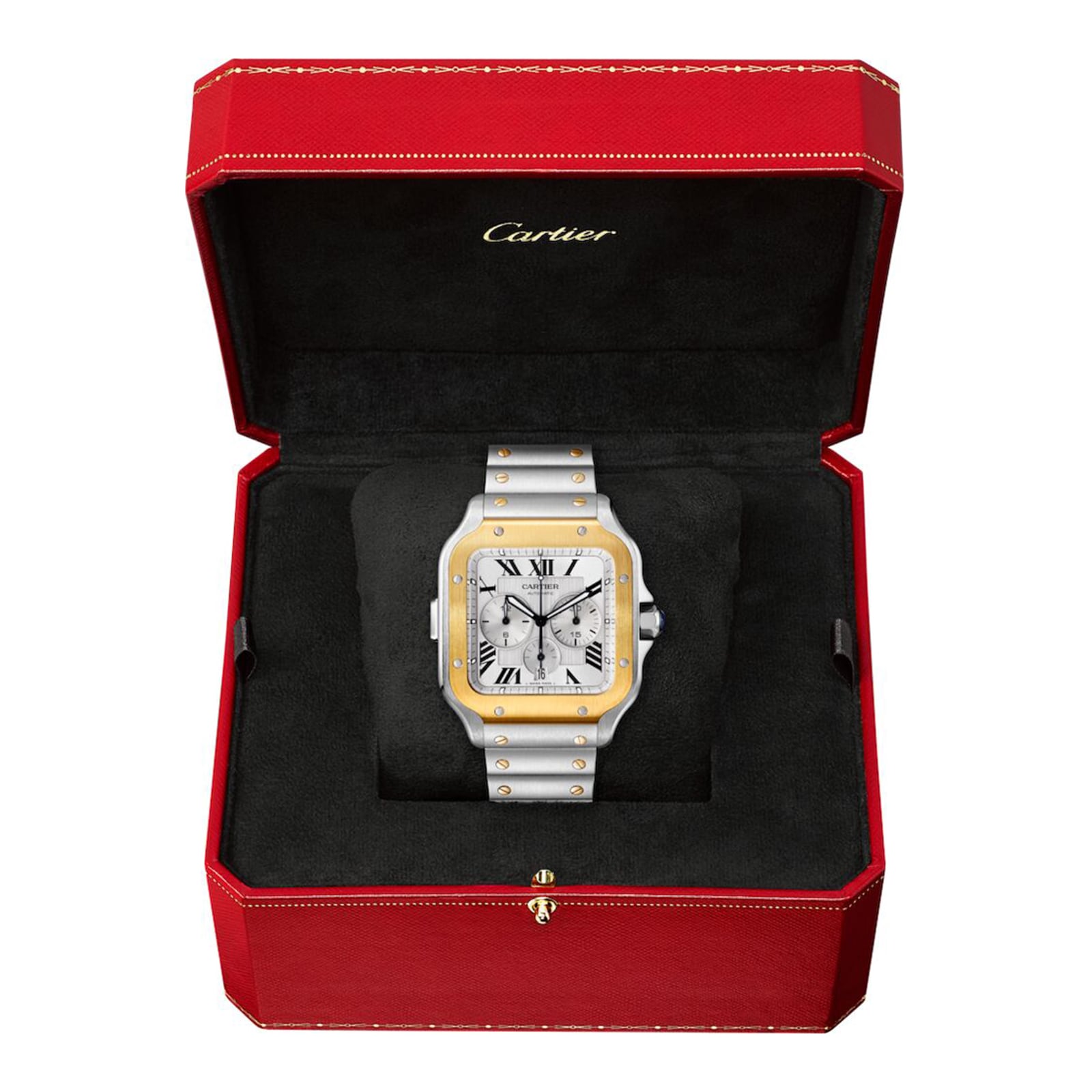 Cartier Santos De Cartier Chronograph Watch Extra-Large Model, Automatic Movement, Yellow Gold, Steel, Interchangeable Metal And Rubber Bracelets