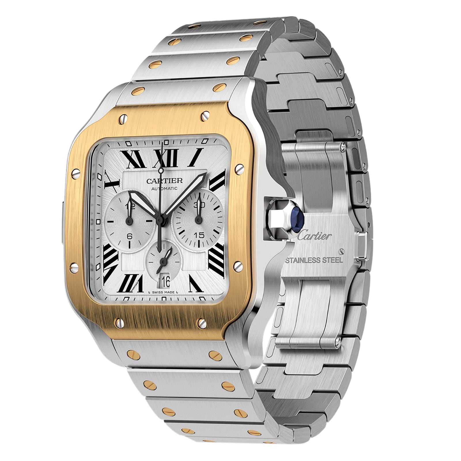 Cartier Santos De Cartier Chronograph Watch Extra-Large Model, Automatic Movement, Yellow Gold, Steel, Interchangeable Metal And Rubber Bracelets