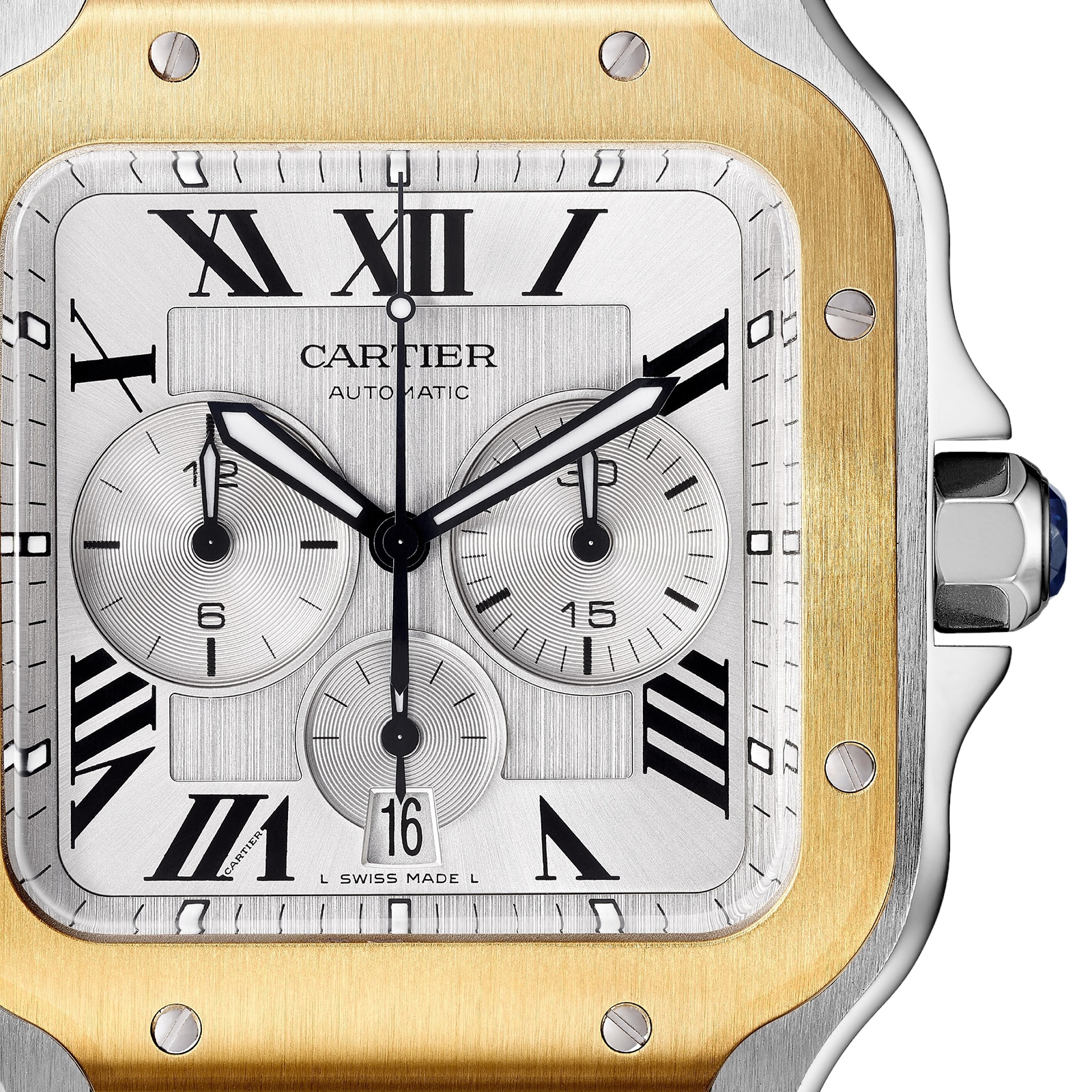 Cartier Santos De Cartier Chronograph Watch Extra Large Model Automatic Movement Yellow Gold Steel Interchangeable Metal And Rubber Bracelets W2SA0008 Watches Of Switzerland UK