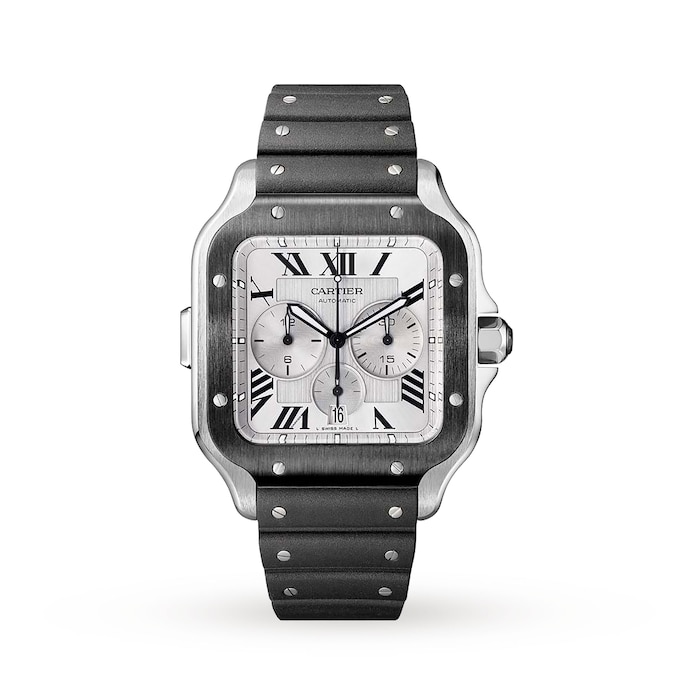 Cartier Santos De Cartier Chronograph Watch Extra-Large Model, Automatic Movement, Steel, ADLC, Interchangeable Rubber And Leather Bracelets