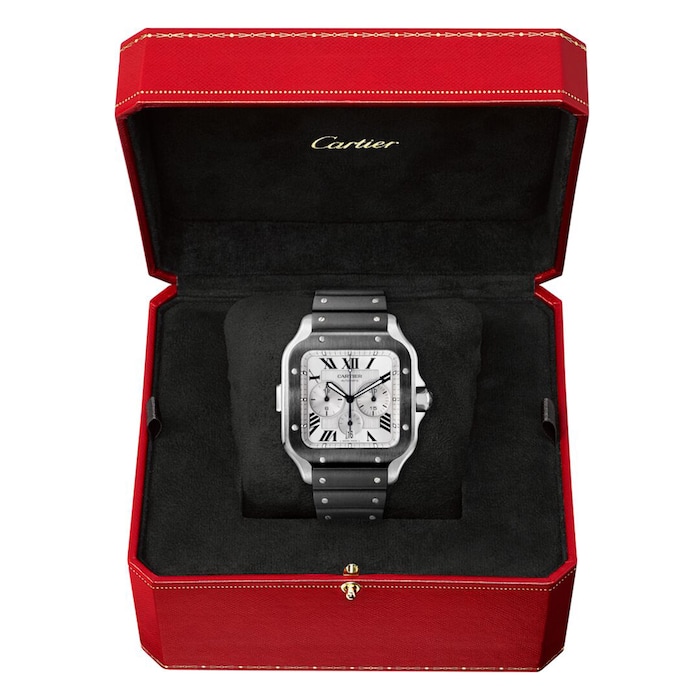 Cartier Santos De Cartier Chronograph Watch Extra-Large Model, Automatic Movement, Steel, ADLC, Interchangeable Rubber And Leather Bracelets