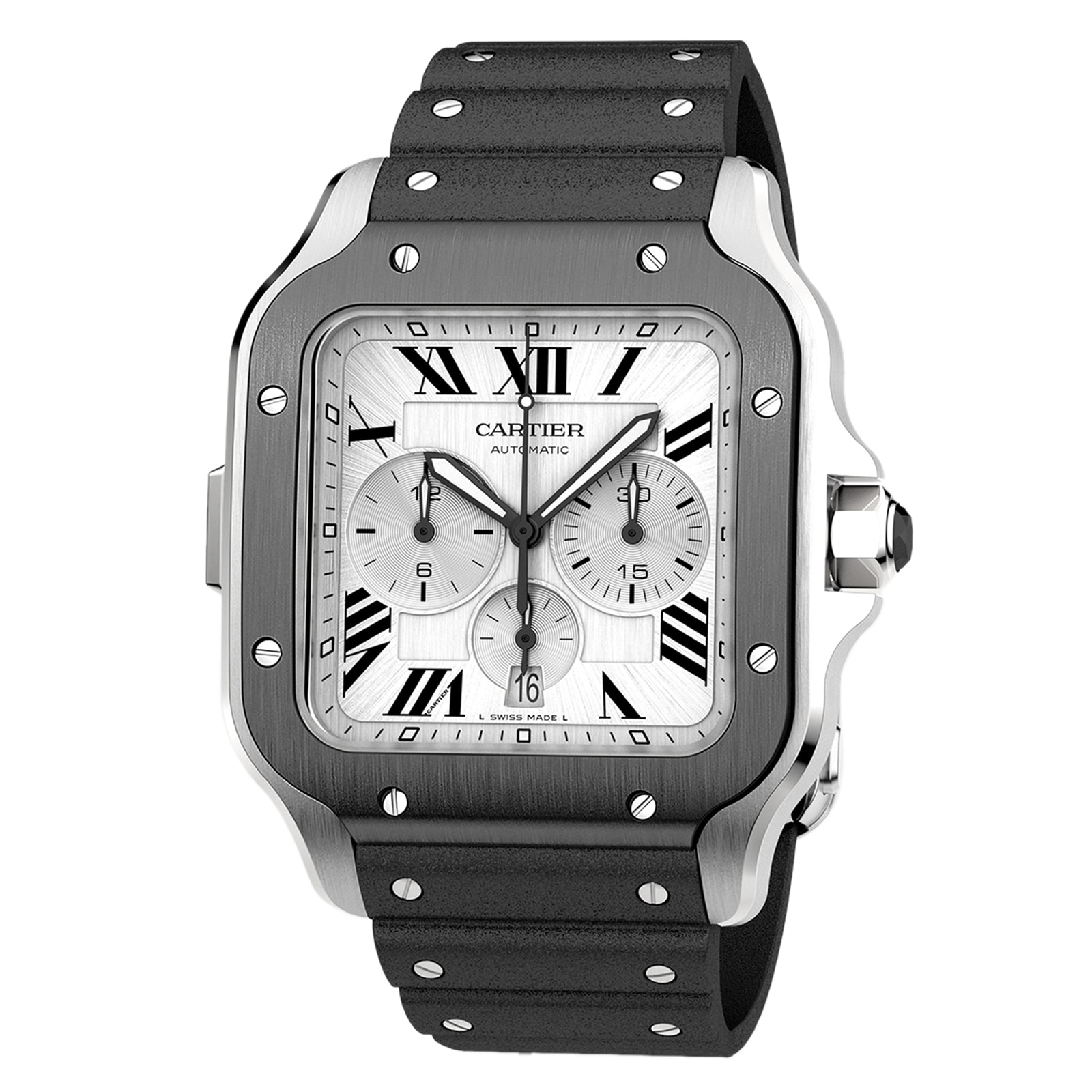 Cartier Santos De Cartier Chronograph Watch Extra-Large Model, Automatic Movement, Steel, ADLC, Interchangeable Rubber And Leather Bracelets