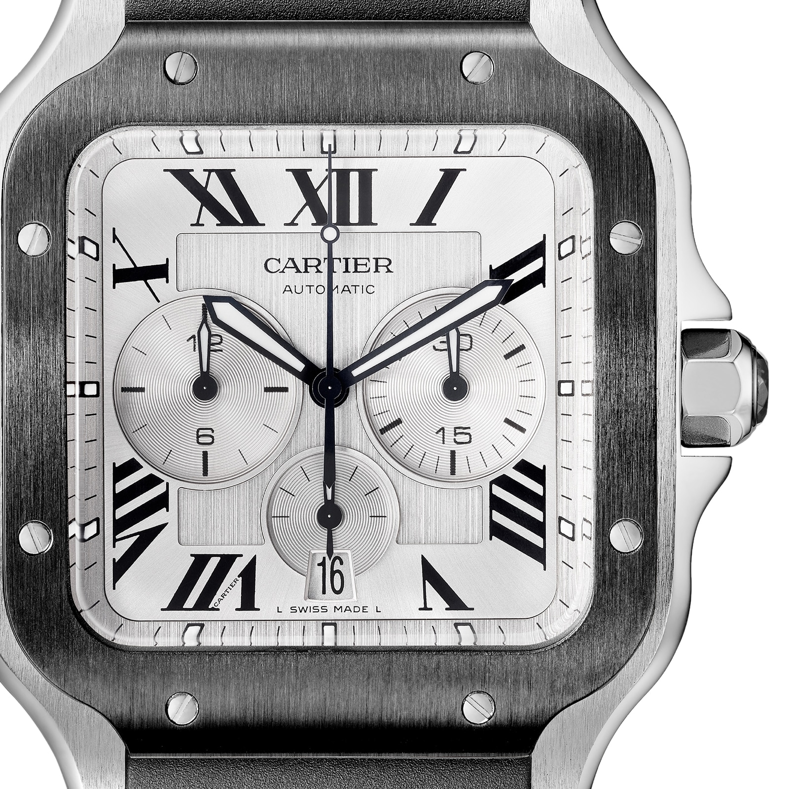 Cartier Santos De Cartier Chronograph Watch Extra-Large Model, Automatic Movement, Steel, ADLC, Interchangeable Rubber And Leather Bracelets