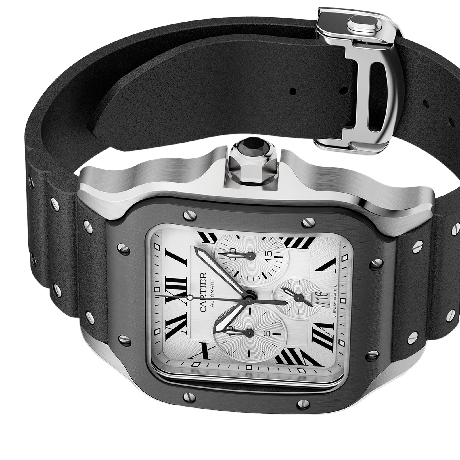 Cartier Santos De Cartier Chronograph Watch Extra-Large Model, Automatic Movement, Steel, ADLC, Interchangeable Rubber And Leather Bracelets