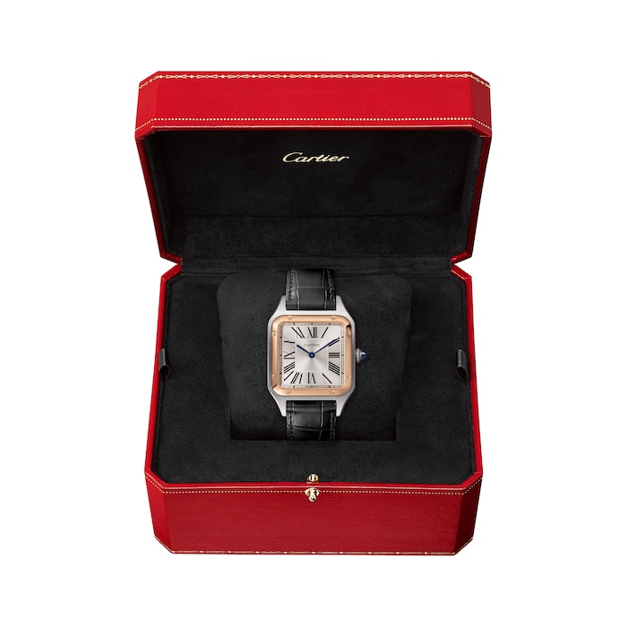 Cartier Santos-Dumont Watch Large Model, Quartz Movement, Pink Gold, Steel, Leather