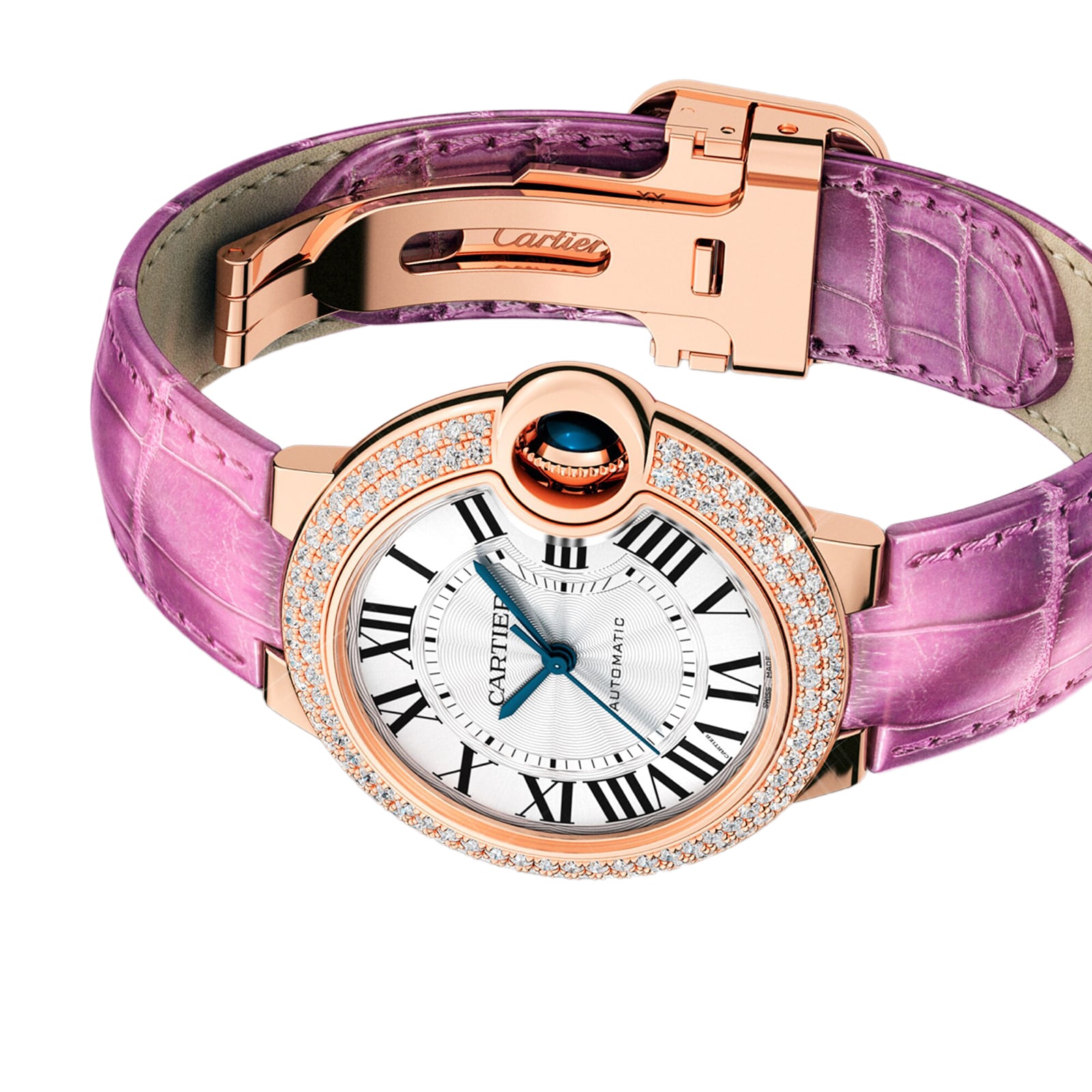 Cartier Ballon Bleu De Cartier Watch, 33mm, Automatic Movement, Rose Gold, Diamonds, Leather