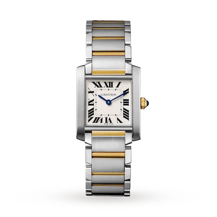 Cartier Tank Française watch, medium model, quartz movement. Steel case, octagonal crown in yellow gold set with a synthetic cabochon-shaped spine