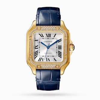 Cartier Santos De Cartier Watch, Santos Watch, Medium Model, Mechanical Movement With Automatic Winding, Leather, Yellow Gold