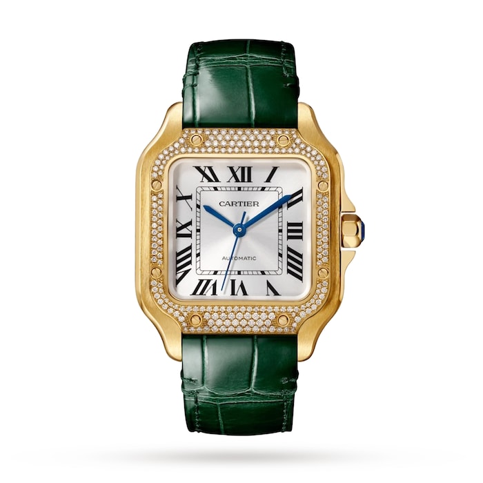 Cartier Santos De Cartier Watch, Santos Watch, Medium Model, Mechanical Movement With Automatic Winding, Leather, Yellow Gold