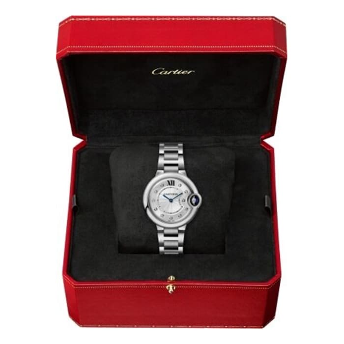 Cartier Ballon Bleu de Cartier watch, 33 mm, quartz movement. Case in steel, fluted crown set with a synthetic cabochon-shaped spinel. 12-zone flinqué dial