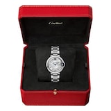 Cartier Ballon Bleu de Cartier watch, 33 mm, quartz movement. Case in steel, fluted crown set with a synthetic cabochon-shaped spinel. 12-zone flinqué dial