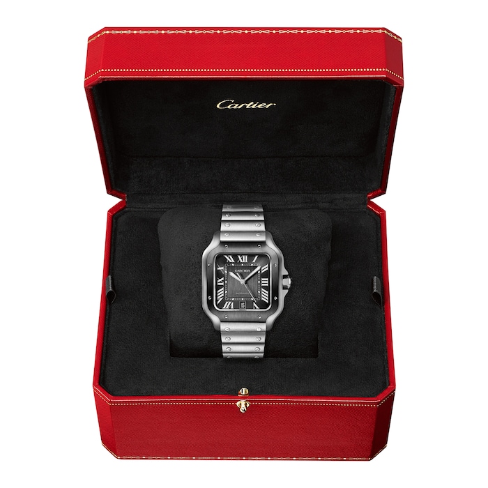 Cartier Santos De Cartier Watch Large Model, Automatic Movement, Steel, ADLC, Interchangeable Metal And Rubber Bracelets