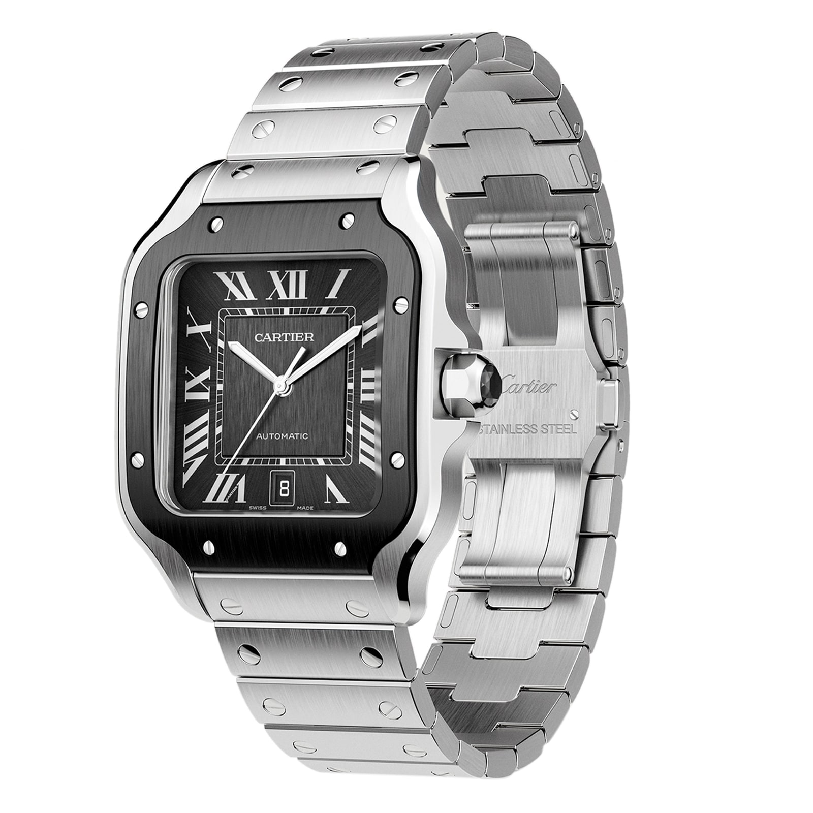 Cartier Santos De Cartier Watch Large Model, Automatic Movement, Steel, ADLC, Interchangeable Metal And Rubber Bracelets