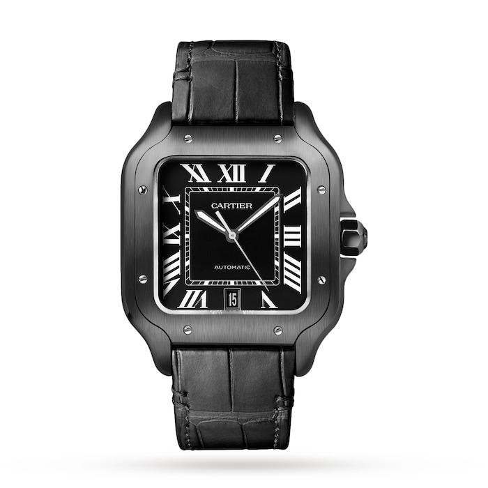 Cartier Santos De Cartier Watch Large Model, Automatic Movement, Steel, ADLC, Interchangeable Rubber And Leather Bracelets