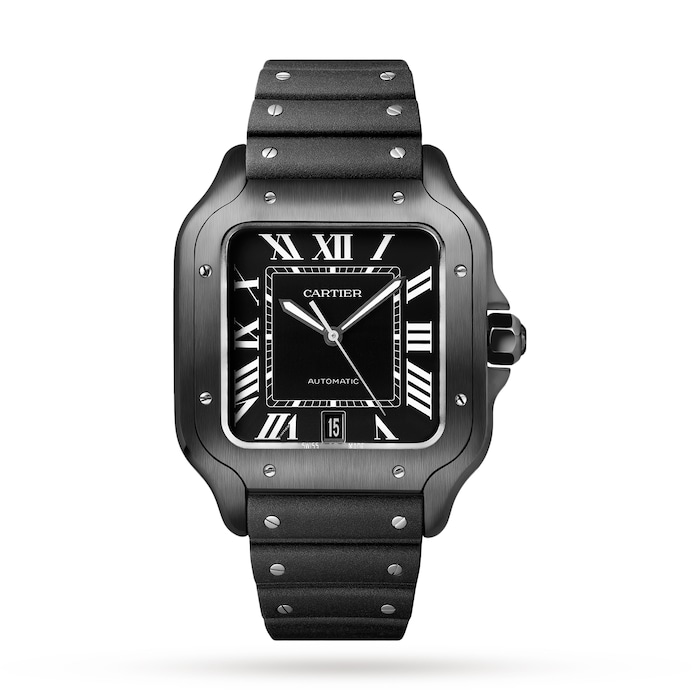 Cartier Santos De Cartier Watch Large Model, Automatic Movement, Steel, Adlc, Interchangeable Rubber And Leather Bracelets