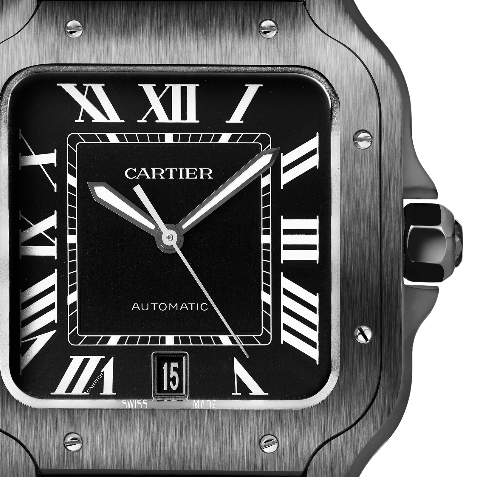Cartier Santos De Cartier Watch Large Model, Automatic Movement, Steel, ADLC, Interchangeable Rubber And Leather Bracelets Cartier Santos De Cartier Watch Large Model, Automatic Movement, Steel, ADLC, Interchangeable Rubber And Leather Bracelets