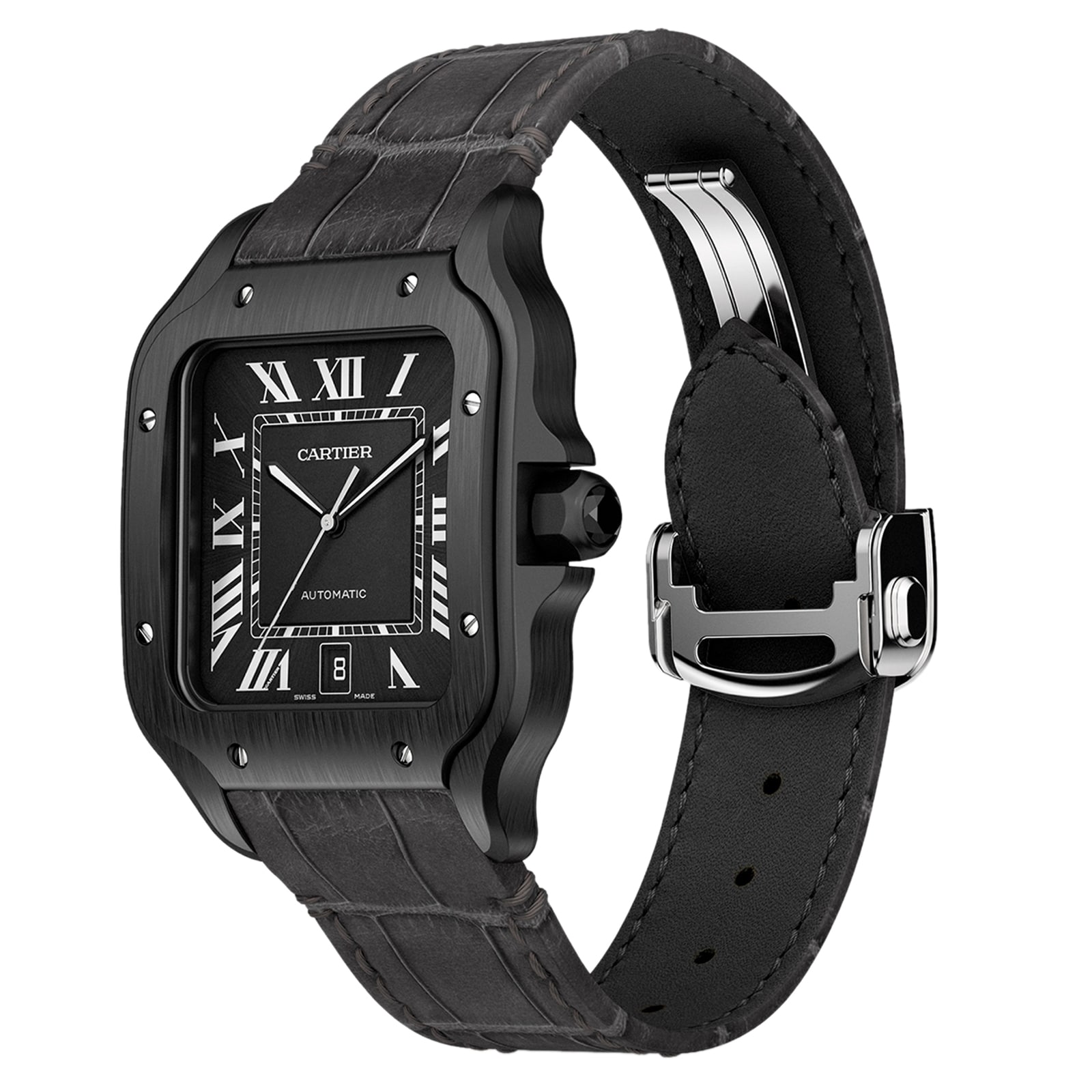 Cartier Santos De Cartier Watch Large Model, Automatic Movement, Steel, ADLC, Interchangeable Rubber And Leather Bracelets Cartier Santos De Cartier Watch Large Model, Automatic Movement, Steel, ADLC, Interchangeable Rubber And Leather Bracelets