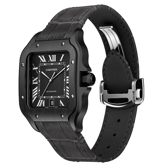 Cartier Santos De Cartier Watch Large Model, Automatic Movement, Steel, ADLC, Interchangeable Rubber And Leather Bracelets