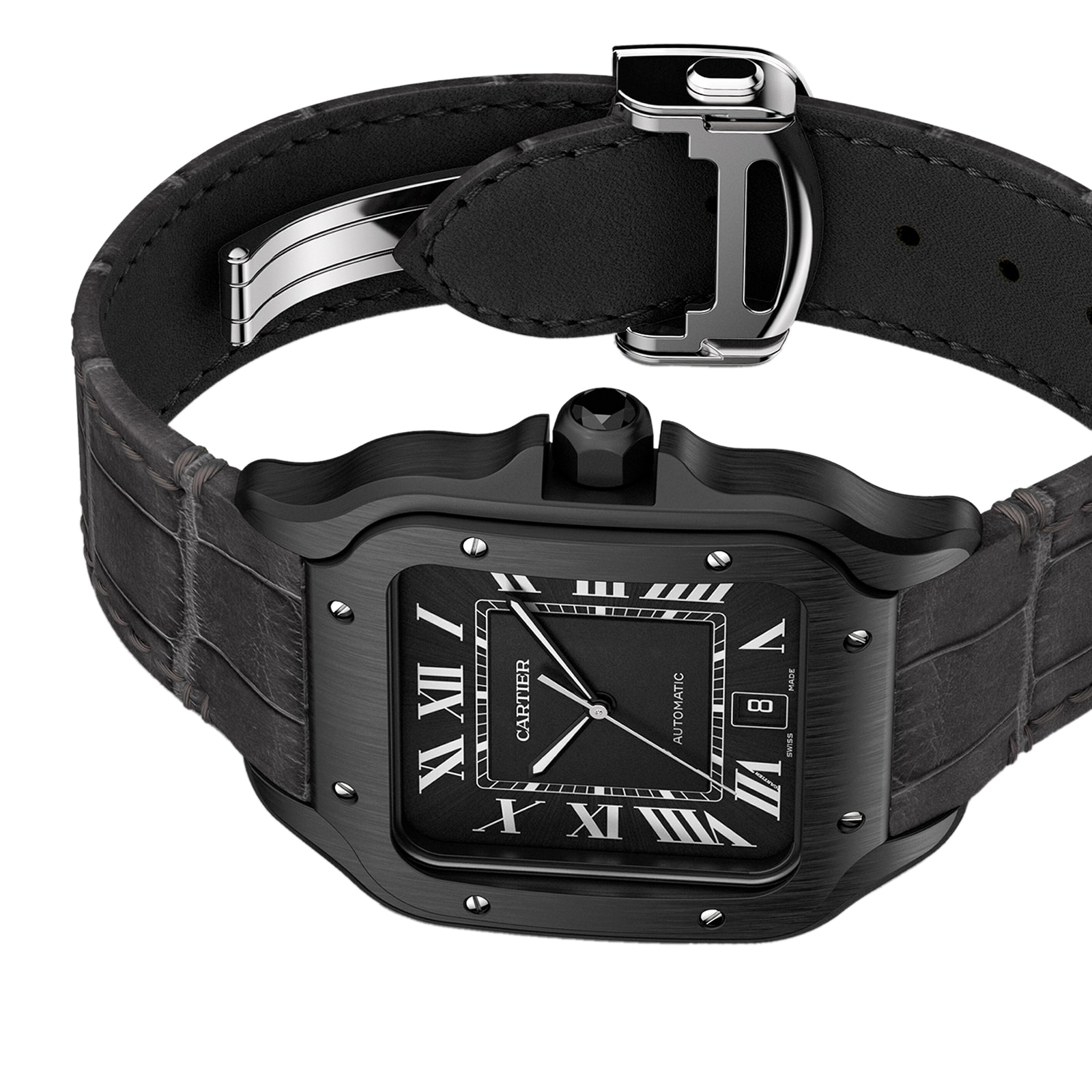Cartier Santos De Cartier Watch Large Model, Automatic Movement, Steel, ADLC, Interchangeable Rubber And Leather Bracelets Cartier Santos De Cartier Watch Large Model, Automatic Movement, Steel, ADLC, Interchangeable Rubber And Leather Bracelets