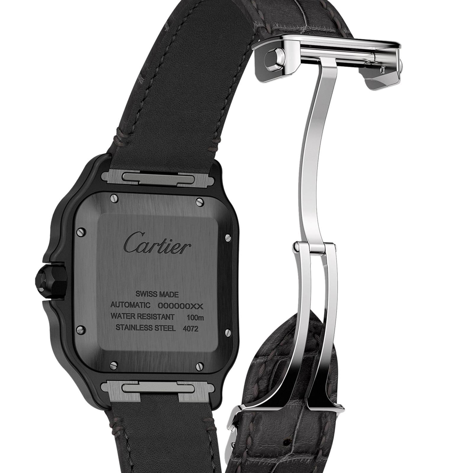 Cartier Santos De Cartier Watch Large Model, Automatic Movement, Steel, ADLC, Interchangeable Rubber And Leather Bracelets Cartier Santos De Cartier Watch Large Model, Automatic Movement, Steel, ADLC, Interchangeable Rubber And Leather Bracelets