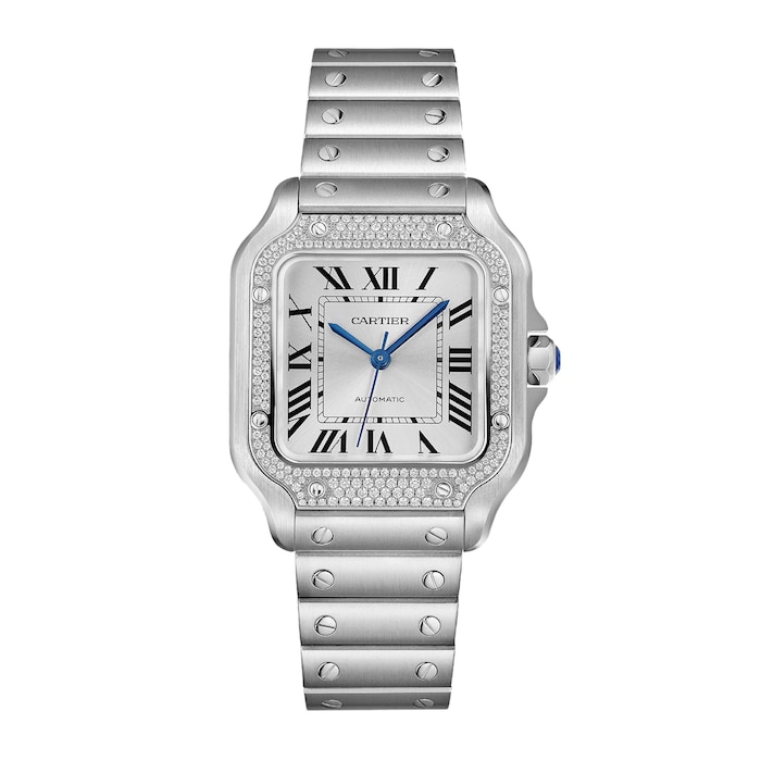 Cartier Santos De Cartier Watch Medium Model, Automatic, Steel, Diamonds, Interchangeable Metal And Leather Bracelets