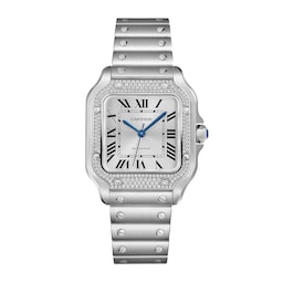 17311099 - Santos De Cartier Watch Medium Model, Automatic, Steel, Diamonds, Interchangeable Metal And Leather Bracelets