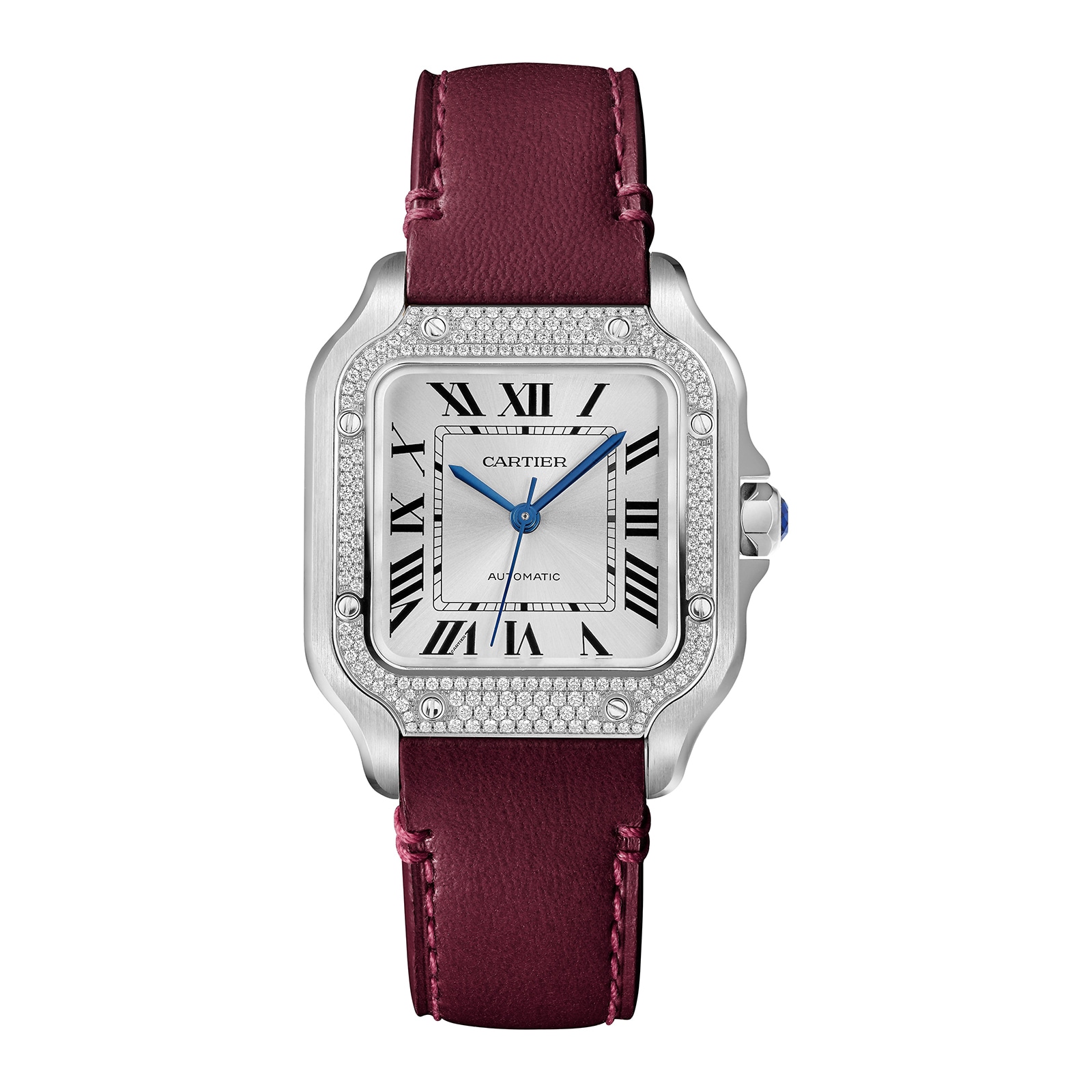 Cartier Santos De Cartier Watch Medium Model, Automatic, Steel, Diamonds, Interchangeable Metal And Leather Bracelets