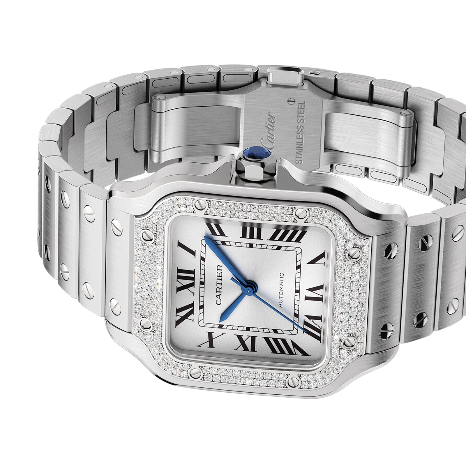 Cartier Santos De Cartier Watch Medium Model, Automatic, Steel, Diamonds, Interchangeable Metal And Leather Bracelets
