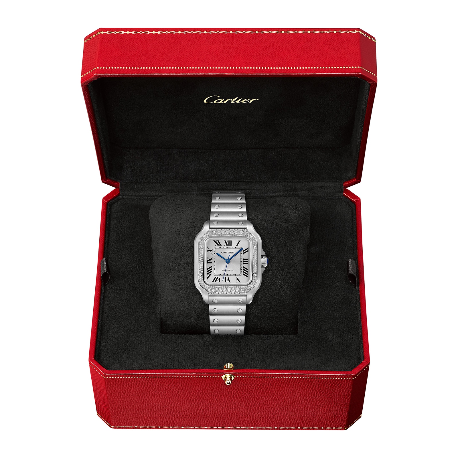 Cartier Santos De Cartier Watch Medium Model, Automatic, Steel, Diamonds, Interchangeable Metal And Leather Bracelets