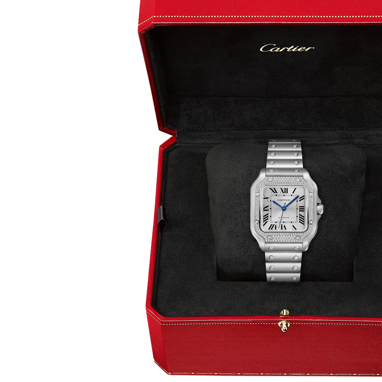 Cartier Santos De Cartier Watch Medium Model, Automatic, Steel, Diamonds, Interchangeable Metal And Leather Bracelets