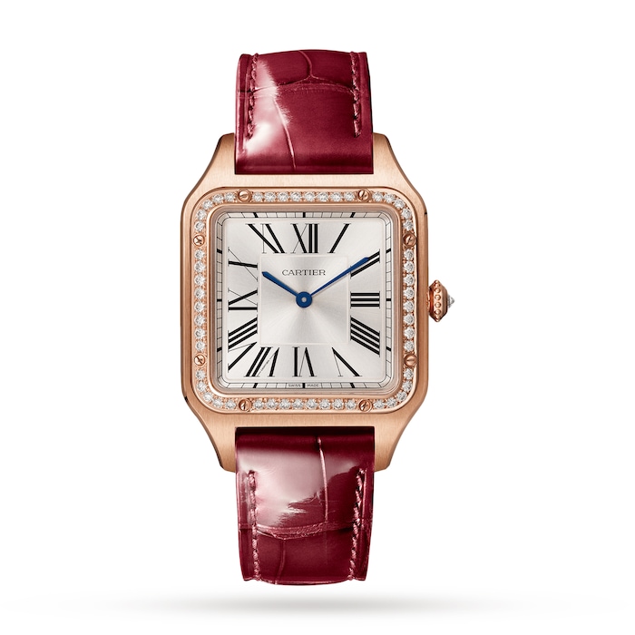 Cartier Santos-Dumont Watch Large Model, Rose Gold, Diamonds, Leather Strap