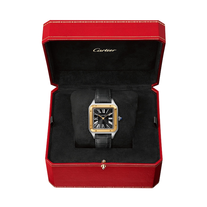 Cartier Santos-Dumont Watch Large Model, Hand-Wound Mechanical Movement, Yellow Gold, Steel, Leather