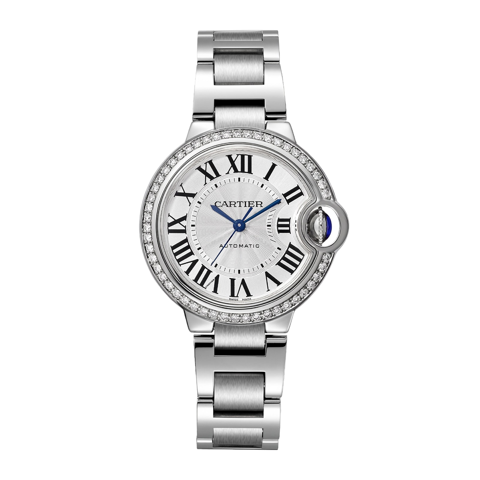 Cartier Ballon Bleu De Cartier Watch, 33mm, Mechanical Movement With Automatic Winding, Steel, Diamonds Cartier Ballon Bleu De Cartier Watch, 33mm, Mechanical Movement With Automatic Winding, Steel, Diamonds