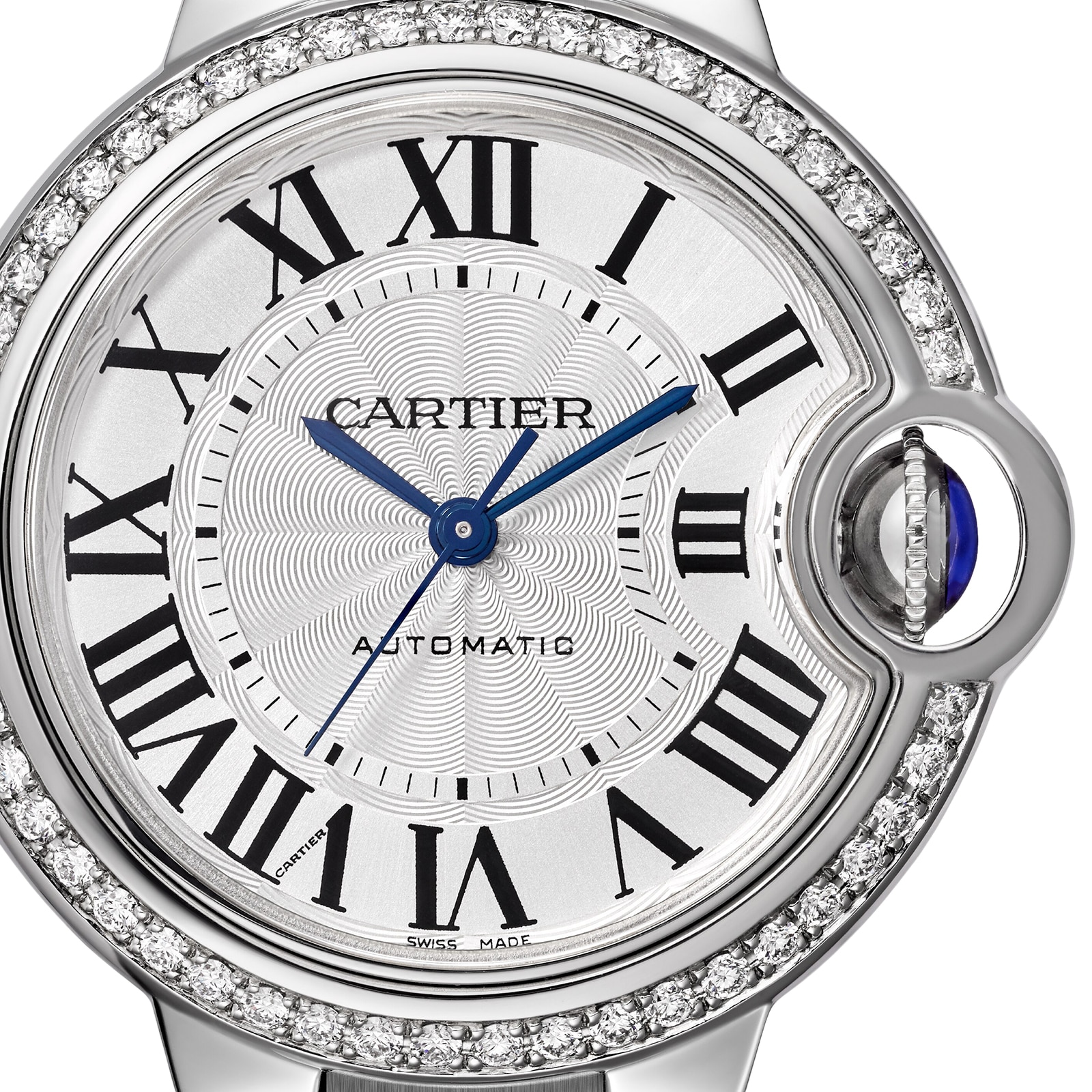 Cartier Ballon Bleu De Cartier Watch, 33mm, Mechanical Movement With Automatic Winding, Steel, Diamonds Cartier Ballon Bleu De Cartier Watch, 33mm, Mechanical Movement With Automatic Winding, Steel, Diamonds