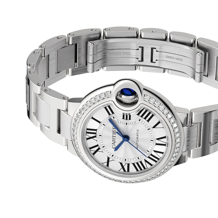 Cartier Ballon Bleu De Cartier Watch, 33mm, Mechanical Movement With Automatic Winding, Steel, Diamonds