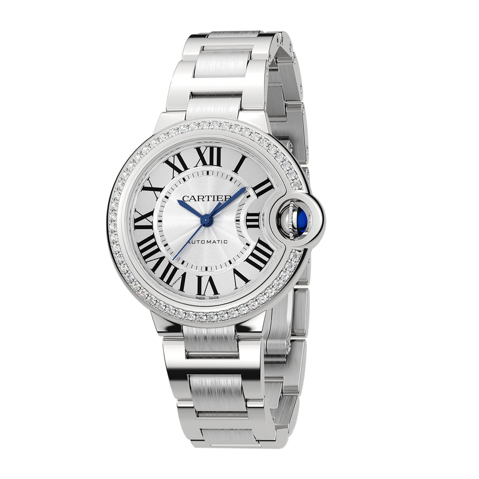 Cartier Ballon Bleu De Cartier Watch, 33mm, Mechanical Movement With Automatic Winding, Steel, Diamonds Cartier Ballon Bleu De Cartier Watch, 33mm, Mechanical Movement With Automatic Winding, Steel, Diamonds