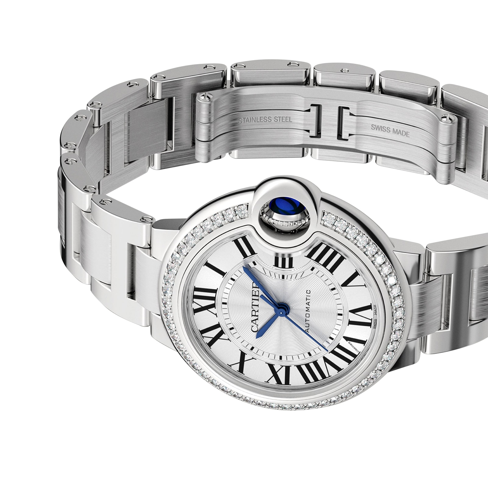 Cartier Ballon Bleu De Cartier Watch, 33mm, Mechanical Movement With Automatic Winding, Steel, Diamonds Cartier Ballon Bleu De Cartier Watch, 33mm, Mechanical Movement With Automatic Winding, Steel, Diamonds