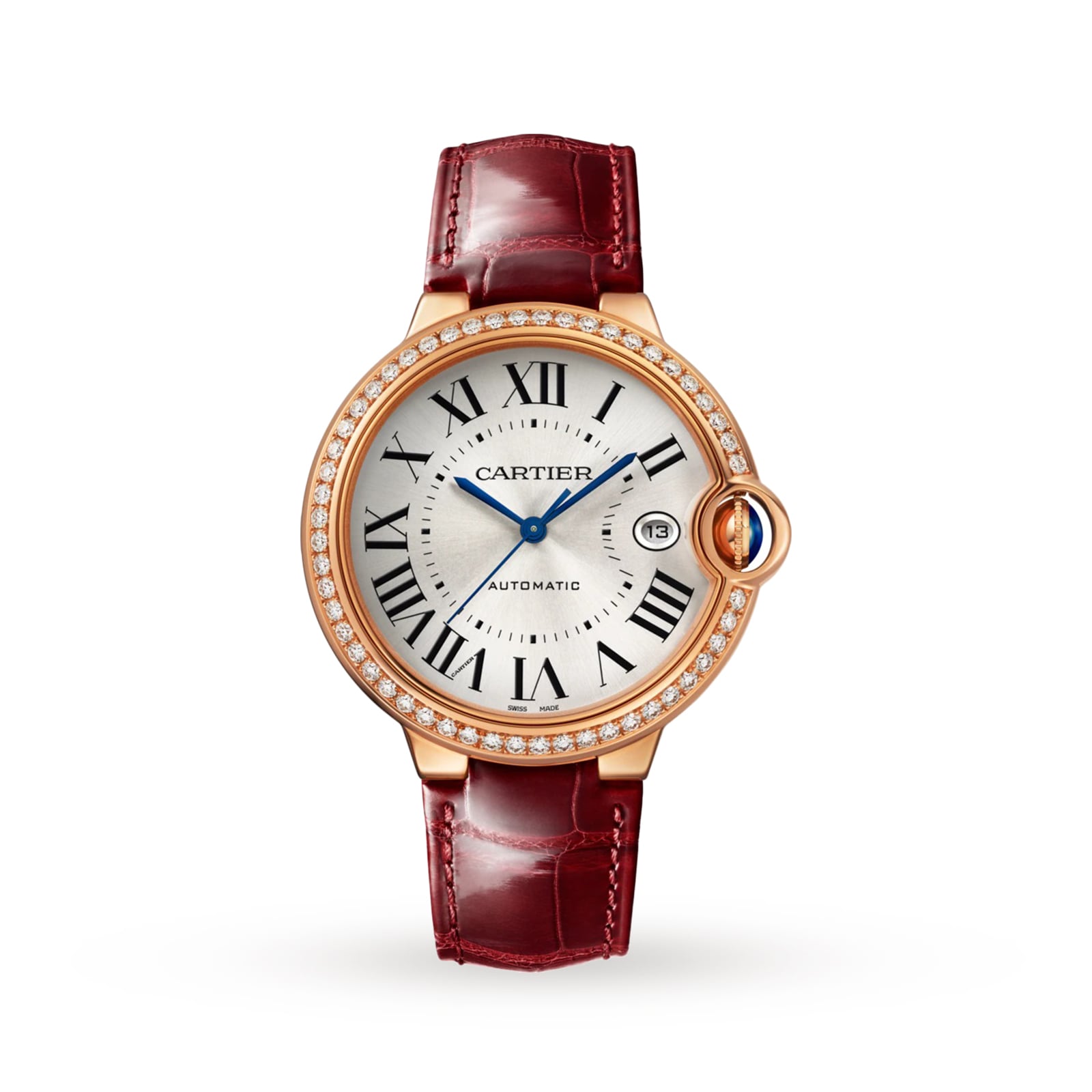 Ballon Bleu De Cartier Watch, 40mm, Automatic Movement, Rose Gold, Diamonds, Leather